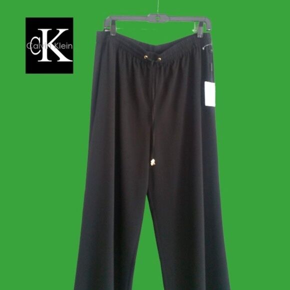 Calvin Klein NEW Bohemian Drawstring Flare Leg Relaxed Semi-Sheer Chiffon Pant L - Picture 6 of 12